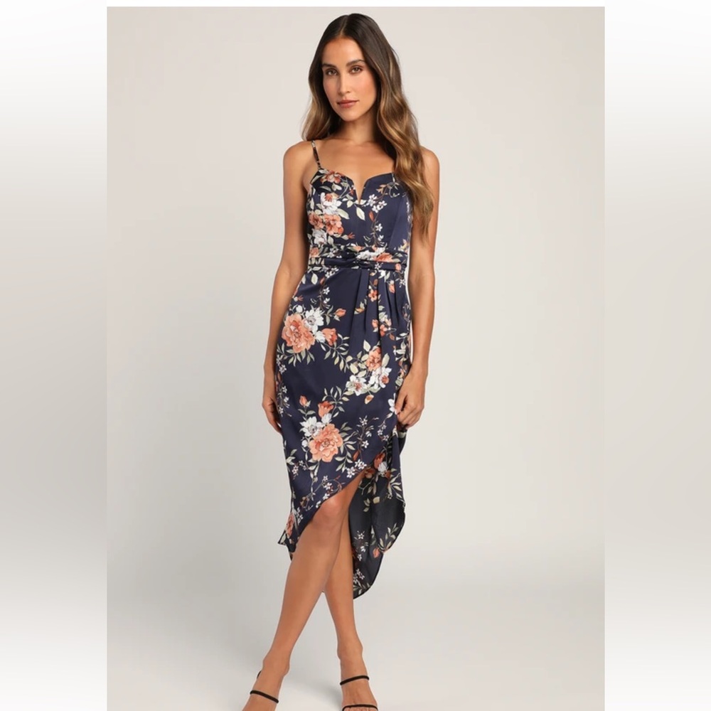 My Favorite Day Navy Blue Floral Print Tulip Skirt Midi Dress